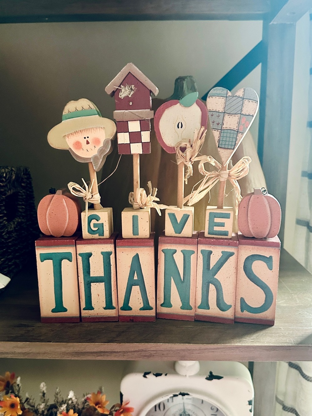 Vintage Primitive Give Thanks Fall Thanksgiving Wood Block Shelf Decor